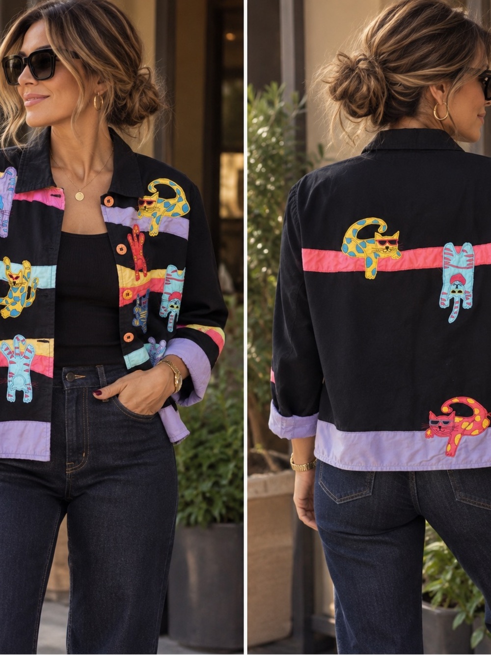 Vintage Life Style Petite Cat Appliqué Linen Jacket Wearable Art